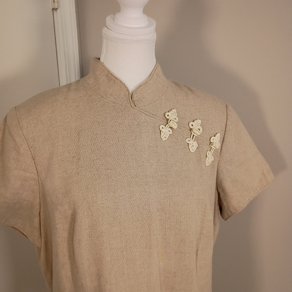 David Warren Beige Qpao Cheongsam with Pankou Linen Blend Women Dress Size 14 - Picture 2 of 11